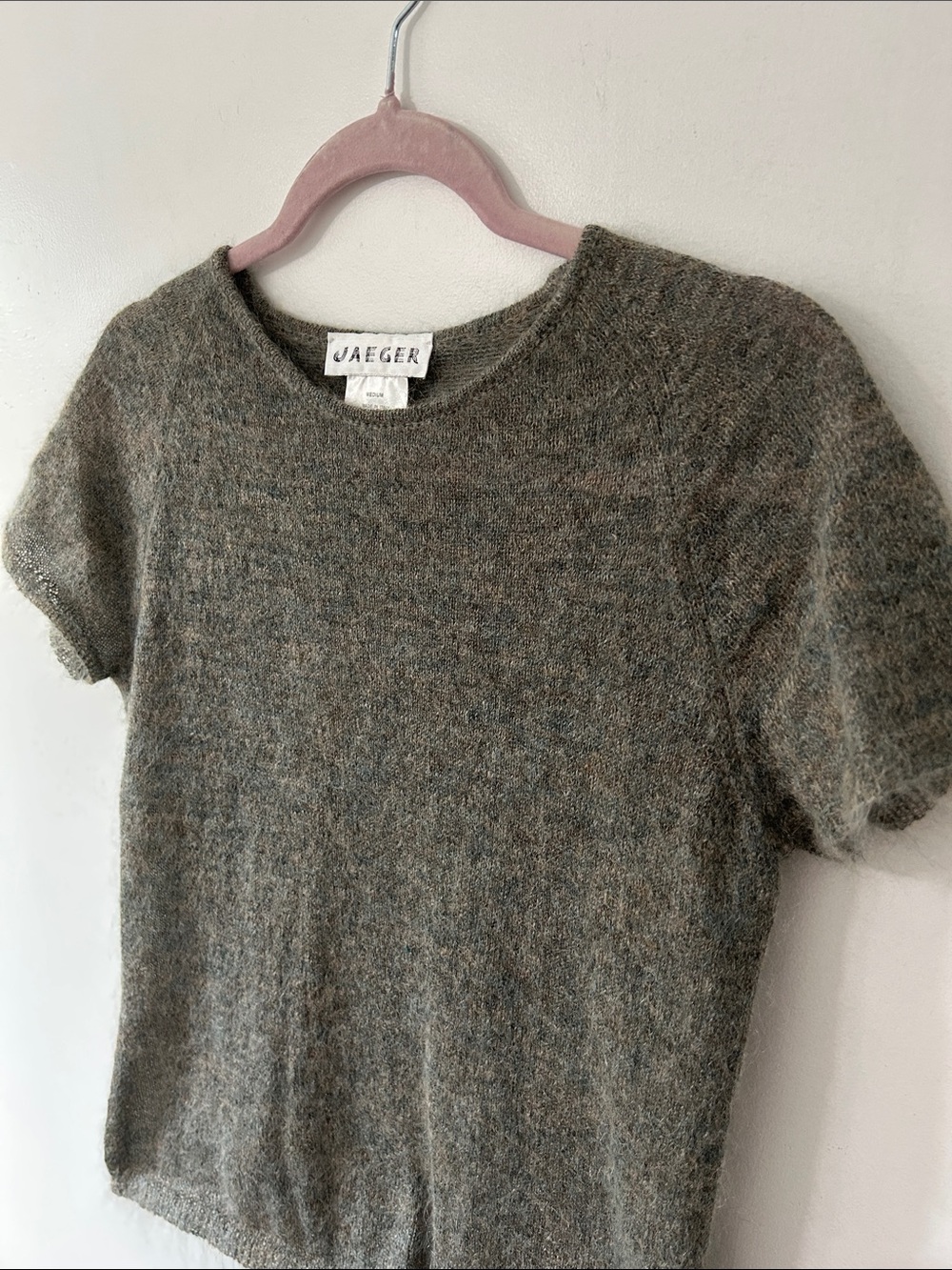 Jaeger Kid Mohair Blend Sweater Heather Olive Soft Airy Knit Crewneck Medium - Picture 13 of 16